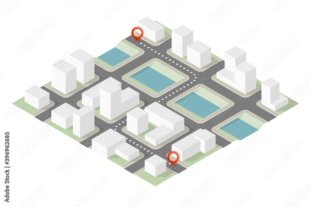 Isometric city map navigation, point markers background, flat isometry drawing schema, 3D simple city plan GPS navigation, final destination arrow paper city map. Route delivery check point graphic Isometric city map navigation, point markers background, flat isometry drawing schema, 3D simple city plan GPS navigation, final destination arrow paper city map. Route delivery check point graphic