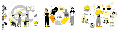 Scrum, agile methodology for marketing design, flat vector illustration set.