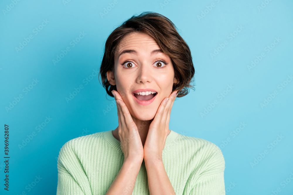 Portrait of cool impressed short hairdo girl open mouth wear lime sweater isolated on teal color background Portrait of cool impressed short hairdo girl open mouth wear lime sweater isolated on teal color background