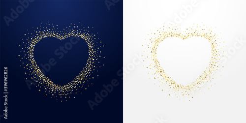 Golden sparkling stroke heart with dust glitter graphic, dark and white backgrounds. Decorative glowing dots, shiny texture, creative design. Discount badge, ring with empty center. Lovely vector sign