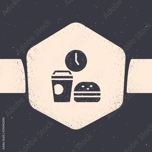 Grunge Fast food time icon isolated on grey background. Monochrome vintage drawing. Vector.