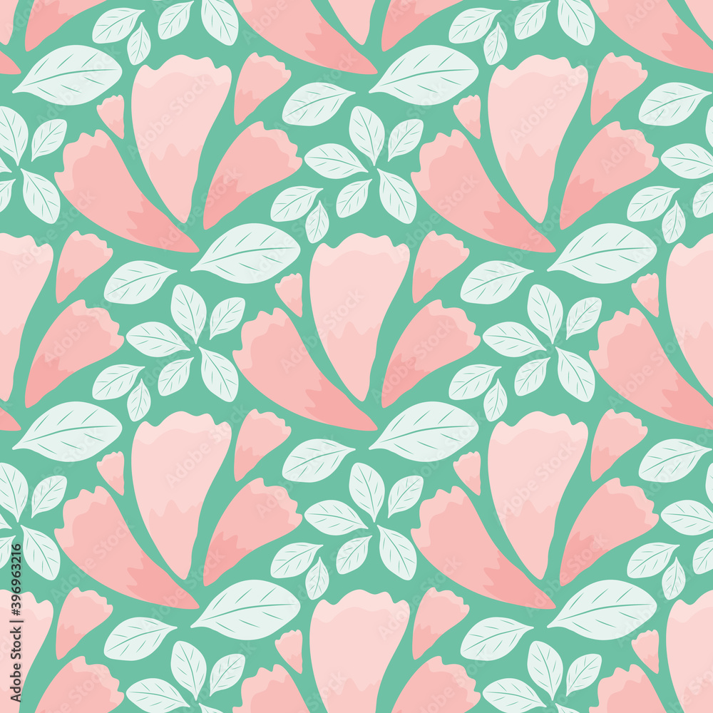 Vector hand drawn garlands of spring blossoms. Seamless pattern background. Backdrop of pink and mint green delicate petals and leaves in diagonal rows. Floral botanical decorative all over print Vector hand drawn garlands of spring blossoms. Seamless pattern background. Backdrop of pink and mint green delicate petals and leaves in diagonal rows. Floral botanical decorative all over print