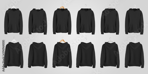 Mockup of a black blank hoodie with a pocket on different hangers, casual sweatshirt for presentation of design, print.