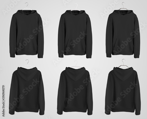 Black hoodie mockup on plastic, metal hanger, blank sportswear with pocket, front, back view, isolated on background.
