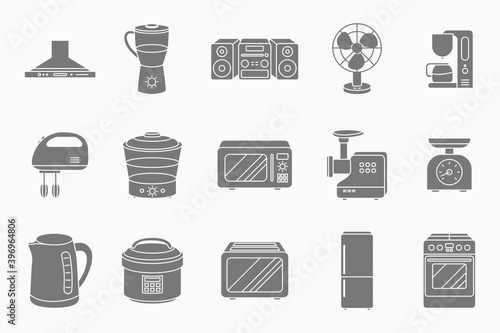 Home machines Icons set - Vector silhouettes of microwave, oven, refrigerator, vacuum, blender, kettle and other appliances for the site or interface