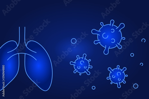 Lungs and coronavirus illustration. COVID-19 poster concept. Virus attacks respiratory system.Blue gradient background. Herd immunity. Pneumonia. Outbreak risk awareness banner. Vector, flat, clip art