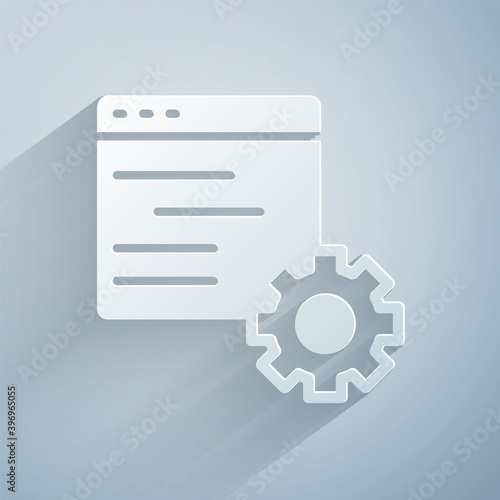Paper cut Computer api interface icon isolated on grey background. Application programming interface API technology. Software integration. Paper art style. Vector.