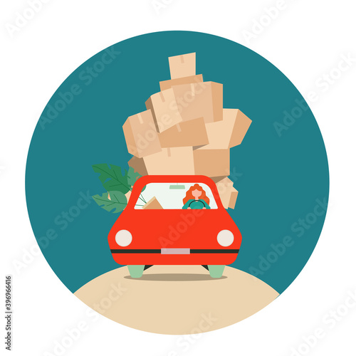 A girl driving a red car and relocating a new place with bunch of boxes on it and plant. Vector flat cartoon illustration. Concept moving house.