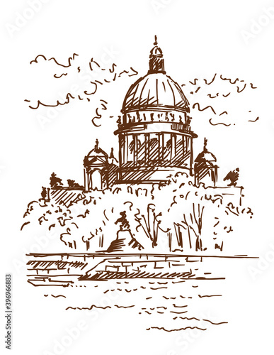 Hand drawn St. Isaac's Cathedral across Neva river, Saint-petersburg, Russia. Vector illustration. Sketch.