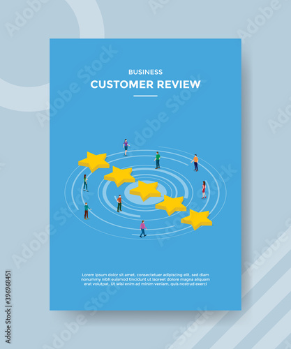 business customer review people standing around star for template flyer and print banner cover isometric 3d flat style