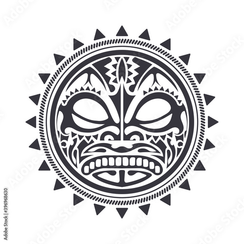 Polynesian style Tattoo design. Polynesian style mask. Isolated round tattoo. Vector.