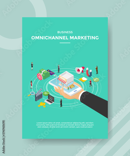 business omni chanel marketing hand hold smartphone store in screen display around people for template flyer and print banner cover isometric 3d flat style