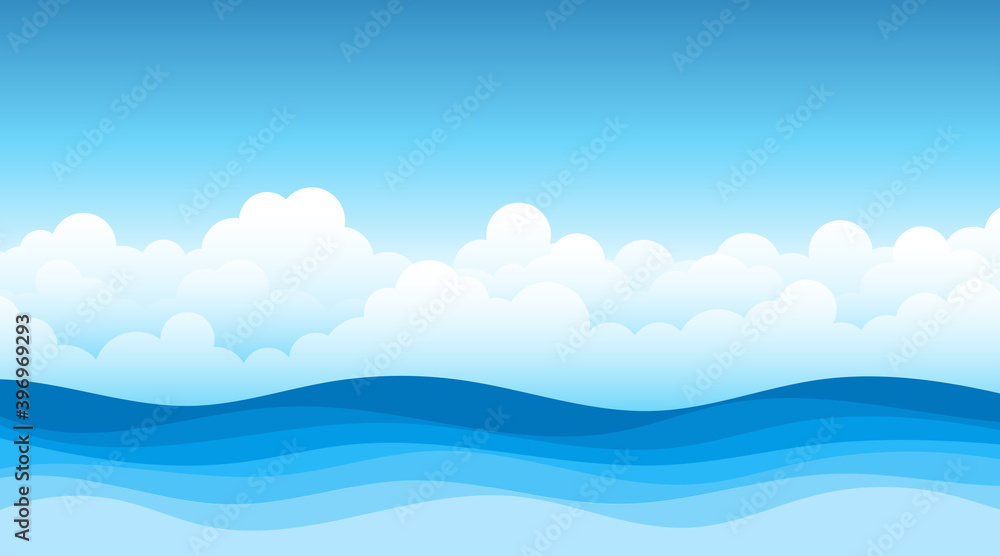 Blue sea wave flowing with white soft clouds cartoon, sky background landscape vector illustration. Blue sea wave flowing with white soft clouds cartoon, sky background landscape vector illustration.