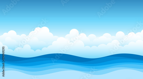 Blue sea wave flowing with white soft clouds cartoon, sky background landscape vector illustration.