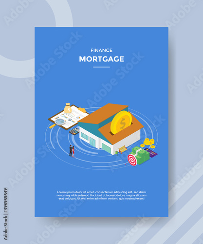 finance mortgage people standing front house coin money chart clipboard for template flyer and print banner cover isometric 3d flat style