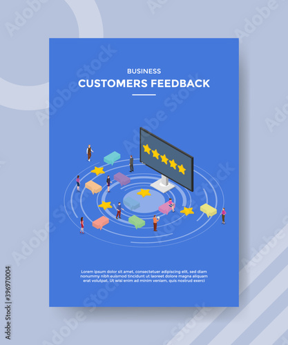 business customers feedback people standing around computer screen star in display for template flyer and print banner cover isometric 3d flat style
