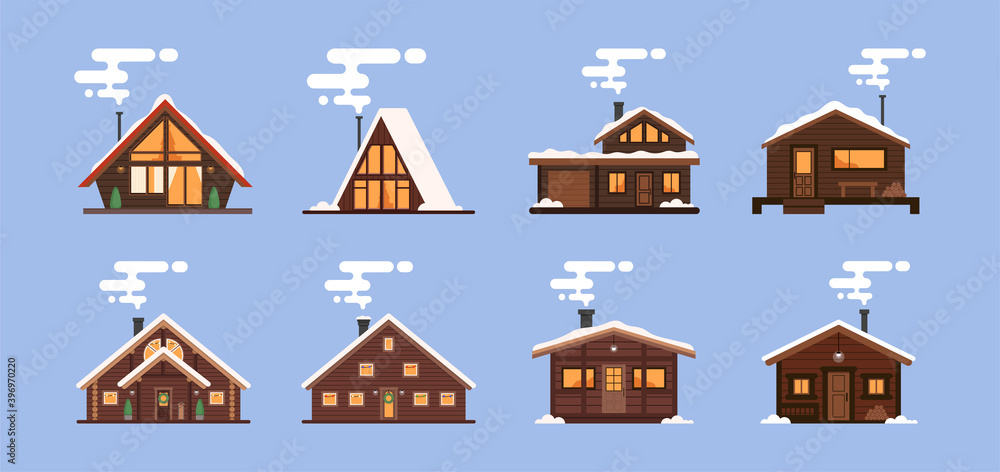 Collection of winter houses. Snow-covered Christmas houses and country cottages, alpine chalet, mountain house. Cartoon style, flat illustration. For websites, wallpapers, posters or banners Collection of winter houses. Snow-covered Christmas houses and country cottages, alpine chalet, mountain house. Cartoon style, flat illustration. For websites, wallpapers, posters or banners