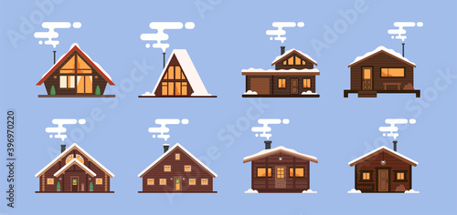 Collection of winter houses. Snow-covered Christmas houses and country cottages, alpine chalet, mountain house. Cartoon style, flat illustration. For websites, wallpapers, posters or banners