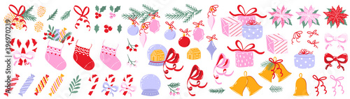 Big set of Christmas clipart elements. Collection of Christmas illustrations in cartoon style isolated on white background