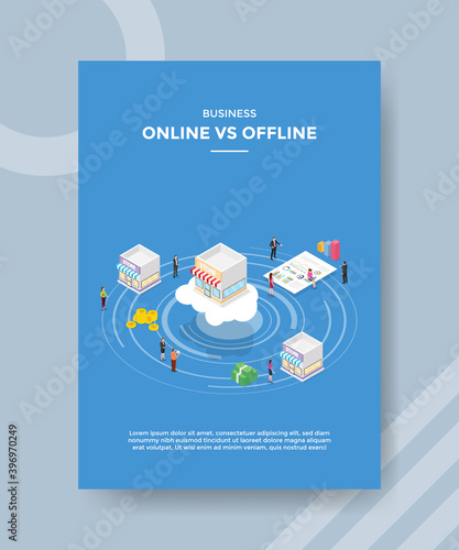 business online vs offline people standing around store bar chart for template money flyer and print banner cover isometric 3d flat style