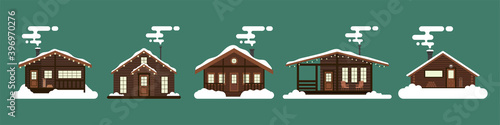 Collection of winter houses. Snow-covered Christmas houses and country cottages, alpine chalet, mountain house. Cartoon style, flat illustration. For websites, wallpapers, posters or banners