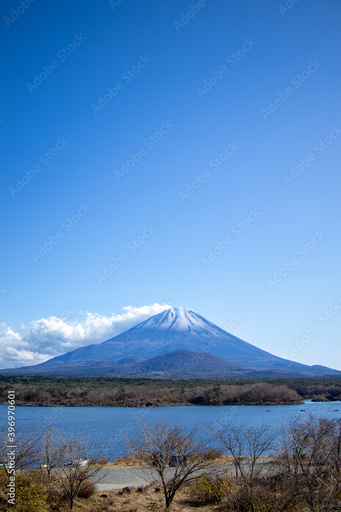 精進湖から眺める冠雪した子抱き富士