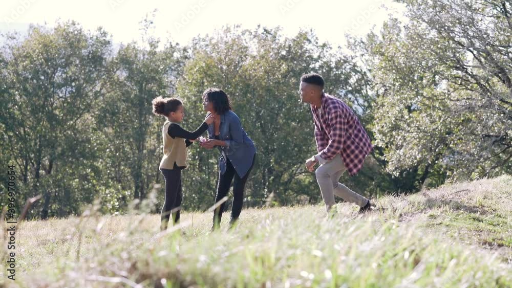 African-american family having fun going for a walk outside in countryside African-american family having fun going for a walk outside in countryside