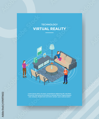 technology virtual reality people family wearing vr glass in living room for template flyer and print banner cover isometric 3d flat style