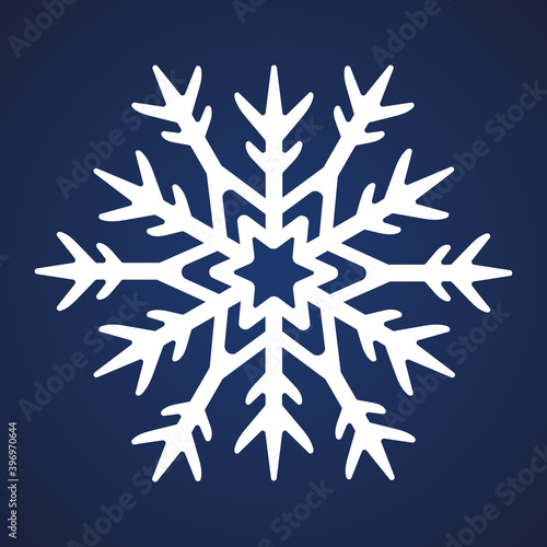 Snowflake. Festive ornament. Vector illustration. Isolated blue background. Flat style. A fragile crystal of intricate shape. Frostwork. Snow flakes. Frozen star. Arctic icon. Christmas, New Year.