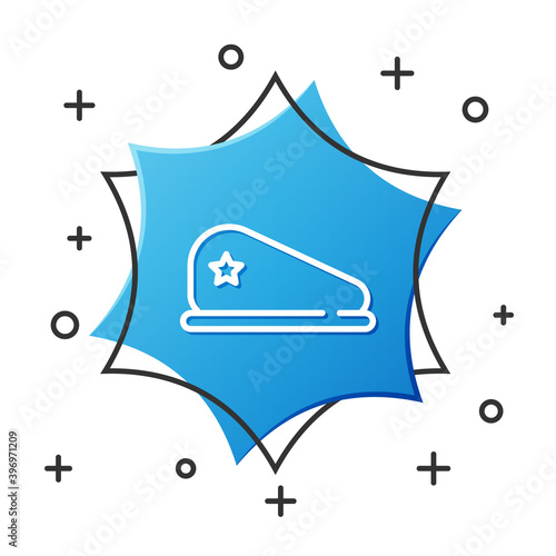 White line Military beret icon isolated on white background. Soldiers cap. Army hat. War baret. Blue hexagon button. Vector.