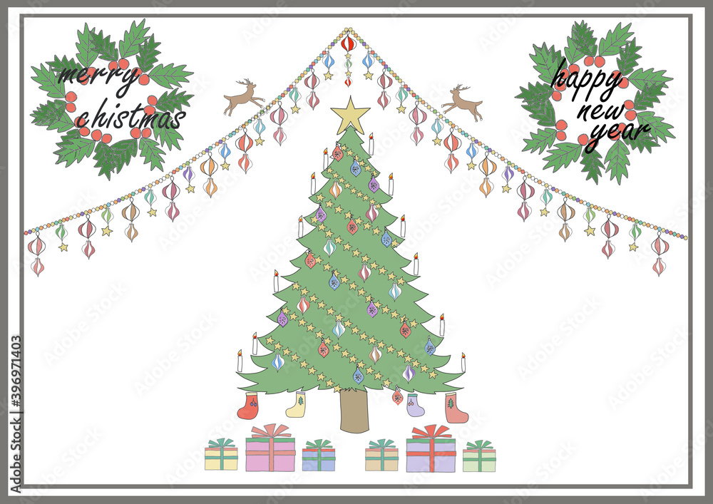 Fototapeta premium クリスマスツリーと新年を祝うイラスト