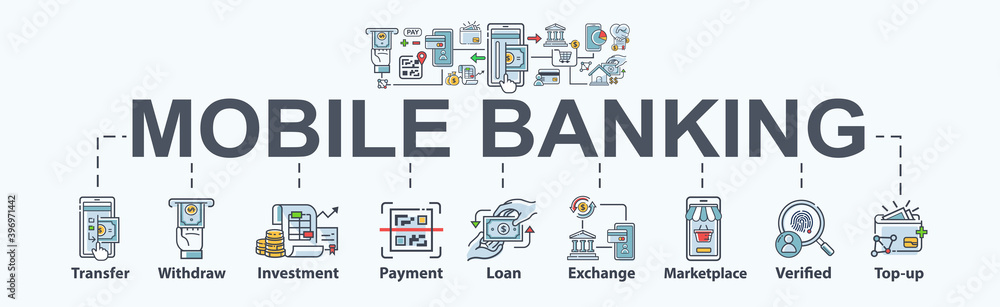 Mobile banking banner web icon for business, financial, online payment, mobile app, exchange, marketplace, verify, top up and E-wallet. Minimal vector cartoon infographic.