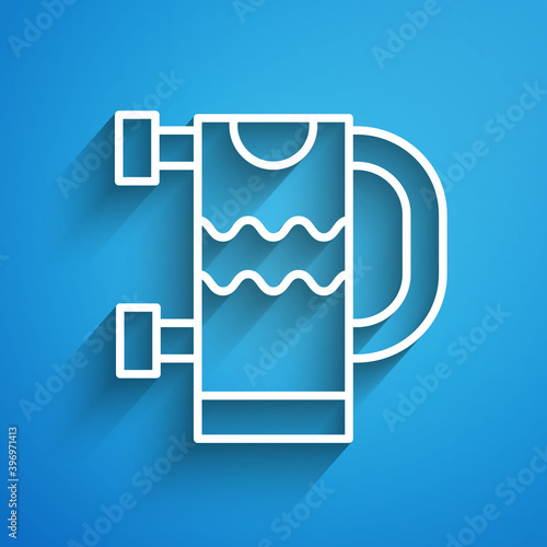 White line Heated towel rail icon isolated on blue background. Long shadow. Vector.