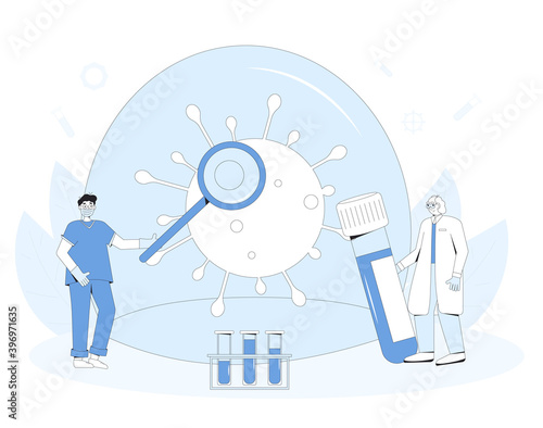 Coronavirus medical research.. Covid treatment complete development. Laboratory discovery prevention medicine.Scientists conclude phase 3 study of covid vaccine candidate. Vector line art illustration