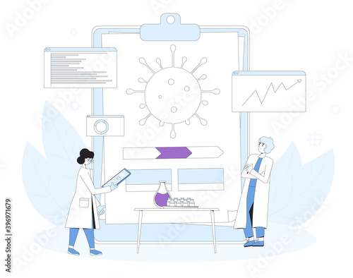 Vaccine reseach concept. Coronavirus treatment complete development. Laboratory finding prevention medicine. Scientists conclude phase 3 study of covid vaccine candidate. Vector line art illustration
