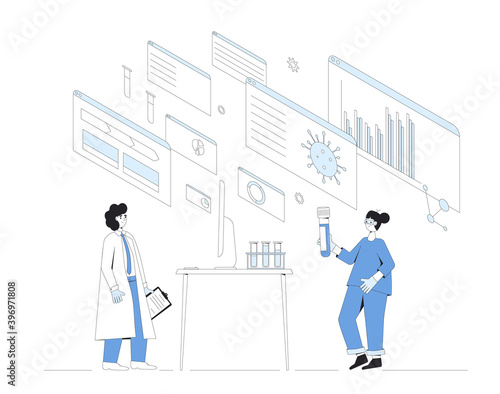 Vaccine reseach concept. Coronavirus treatment complete development. Laboratory finding prevention medicine. Scientists conclude phase 3 study of covid vaccine candidate. Vector line art illustration