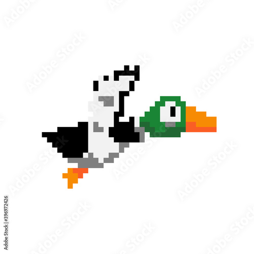 Pixel flying duck image. Vector illustration of cross stitch pattern. © Two Pixel