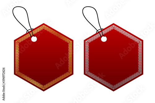 Vector 2 Hexagon Vector Red Gradient Tag, White and Golden China Style Border With Black Rope, Isolated on White
