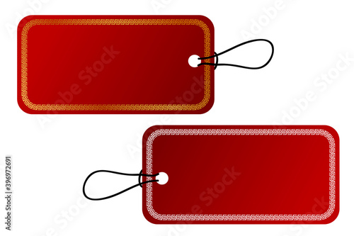 Vector 2 Rectangle Vector Red Gradient Tag, White China Style Border With Black Rope, Isolated on White