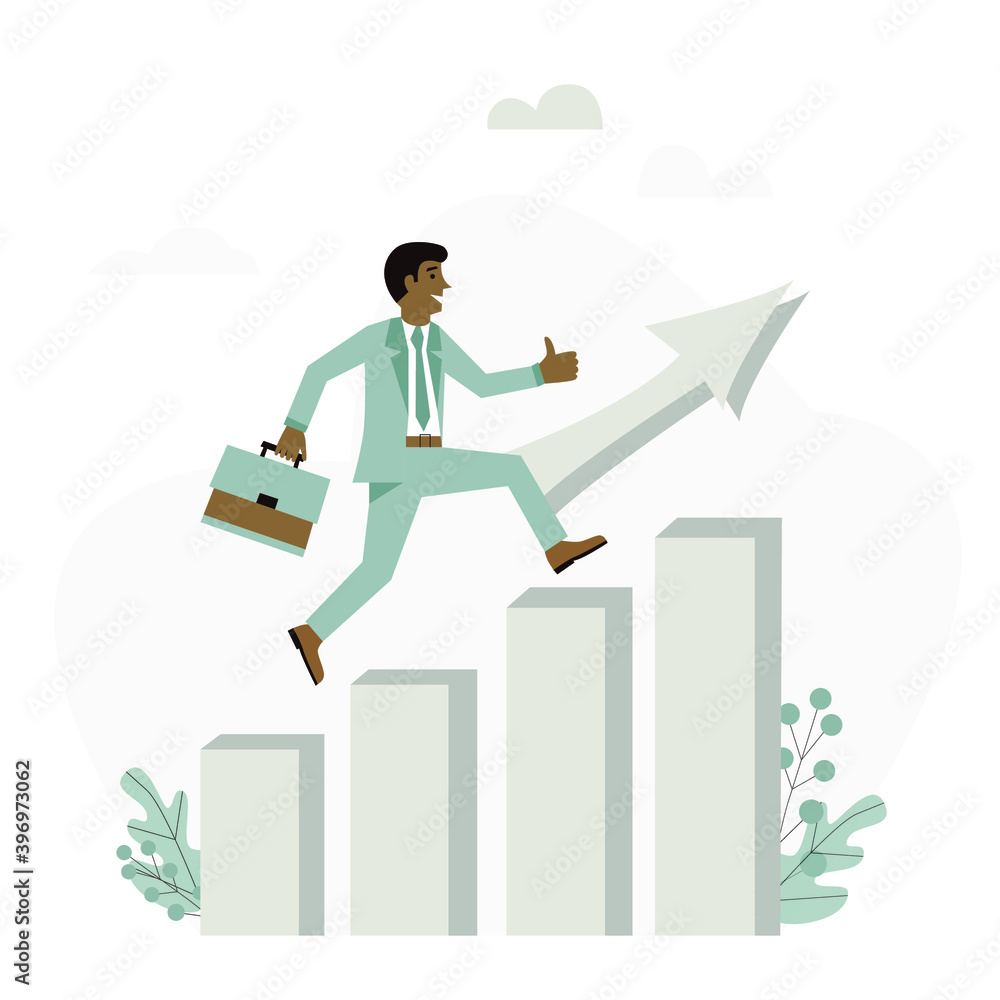 Manager, businessman or company executive running on bar graph and up arrow. Flat design vector concept for growing business, investment, risk, career, success. Manager, businessman or company executive running on bar graph and up arrow. Flat design vector concept for growing business, investment, risk, career, success.