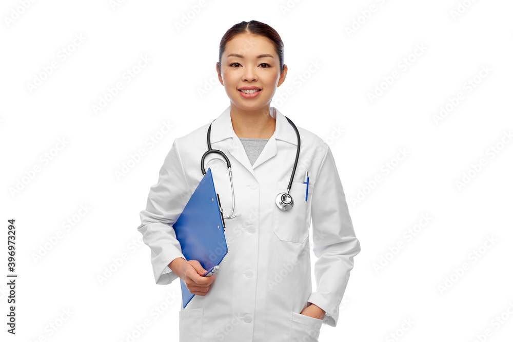 medicine, profession and healthcare concept - happy smiling asian female doctor in white coat with clipboard medicine, profession and healthcare concept - happy smiling asian female doctor in white coat with clipboard