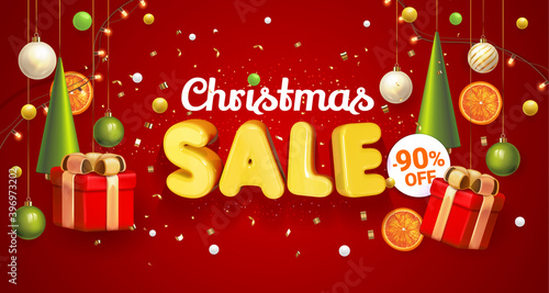 Christmas Sale banner red with composition made of hanging christmass ball and plastic green cartoon Christmas trees, glass ornaments, festive elements. Vector Illustration. Concept winter ads sale.