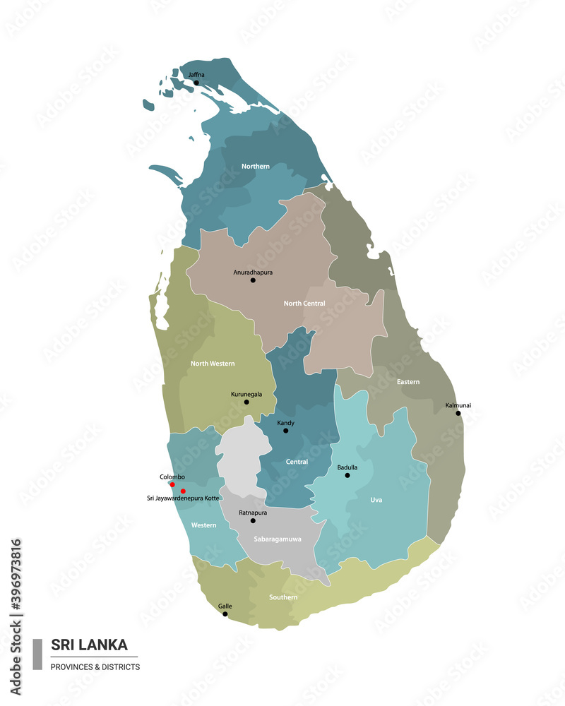 Sri Lanka higt detailed map with subdivisions. Administrative map of