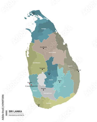 Sri Lanka higt detailed map with subdivisions. Administrative map of Sri Lanka with districts and cities name, colored by states and administrative districts. Vector illustration.