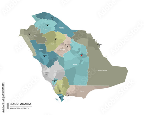 Saudi Arabia higt detailed map with subdivisions. Administrative map of Saudi Arabia with districts and cities name, colored by states and administrative districts. Vector illustration. photo