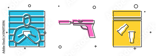 Set Suspect criminal, Pistol or gun with silencer and Evidence bag and bullet icon. Vector.