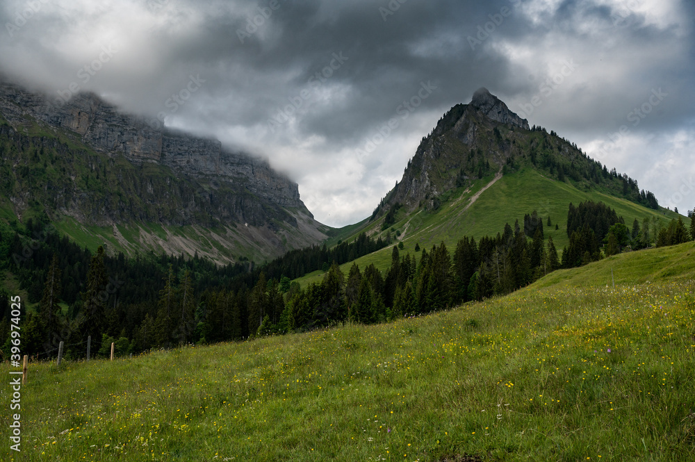 view from Eriz into Sichle on a rainy summer day