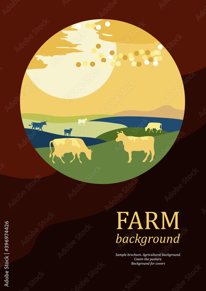 Sample brochure. Agricultural background. Sunset. Cows made up of circles. Silhouettes of cows.