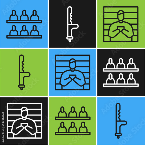 Set line Jurors, Suspect criminal and Police rubber baton icon. Vector.