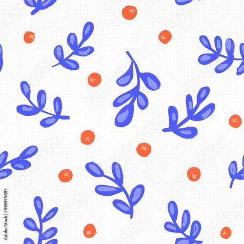 Mistletoe seamless pattern hand drawn. Blue and red Scandinavian style Christmas or Winter repeating background. Textured vintage style Christmas florals for wrapping  fabric  home decor  wallpaper.
